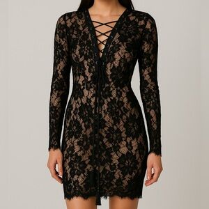 Black Lace Nude Lined Long Sleeve Bodycon Dress Size 5